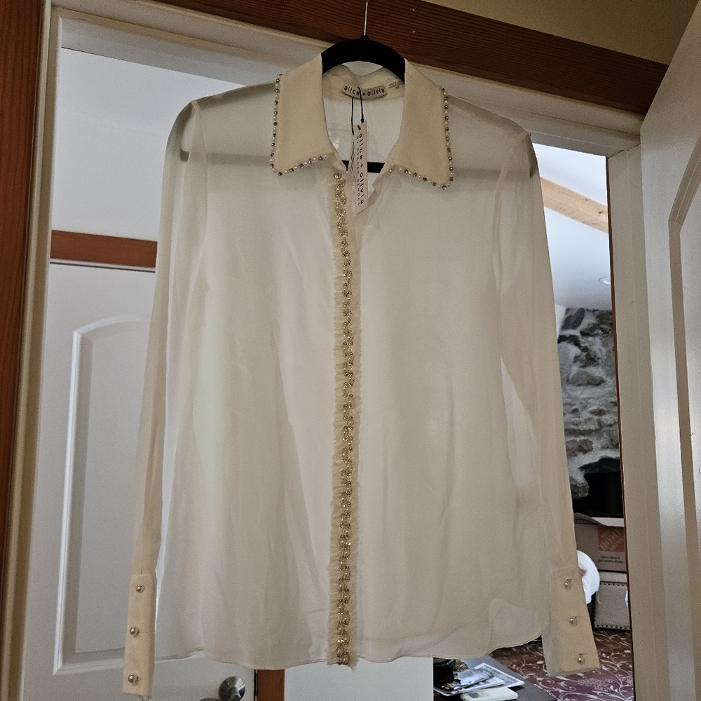 Alice + Olivia White Blouse with Pearl Accents